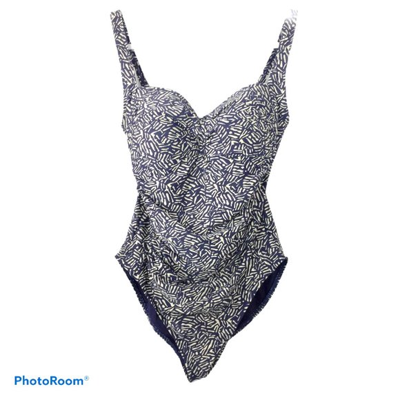 NIP TUCK Sz 8 One Piece Navy Cream pattern Ruched - Picture 1 of 5